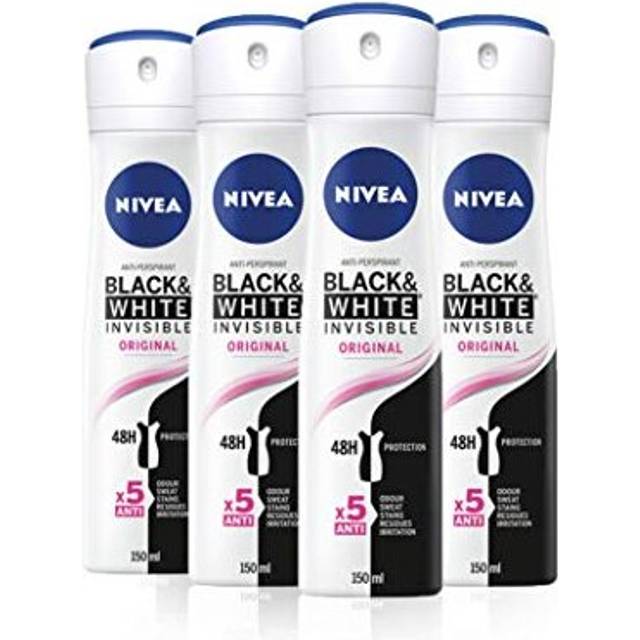 NIVEA Black & White Invisible Original Anti-Perspirant Deodorant Spray Pack of 4 (4 x 150ml), 48hr Deodorant for Women, Anti-Stain Womens An