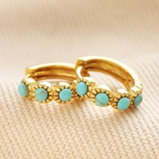 Gold Sterling Silver Teal Stone Huggie Hoop Earrings - gold/teal/blue - one size