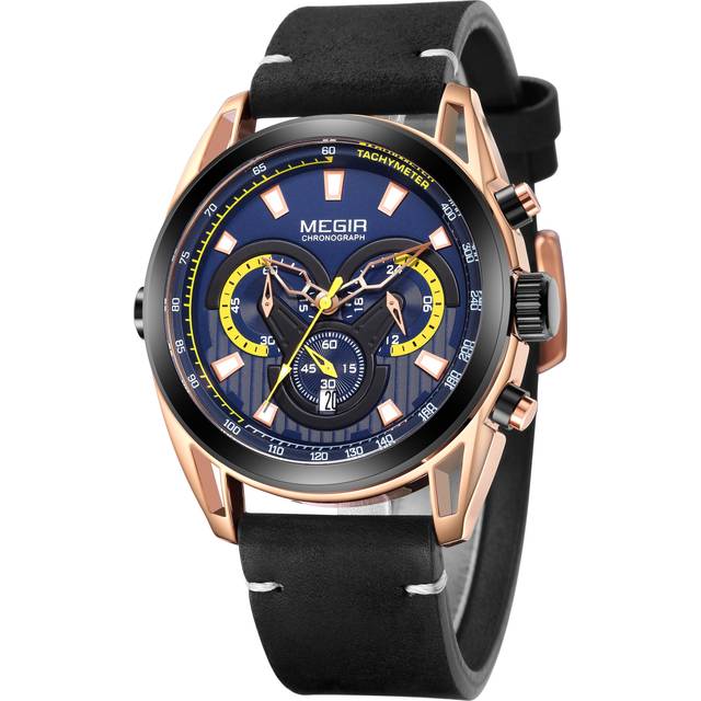 MEGIR Rose Black Luxury Chronograph Men Watches with Leather Strap black