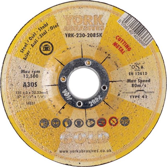 York Abrasives Gold 125 X 3 X 22MM A30S Cutting Disc - Type 42 Depressed Centre