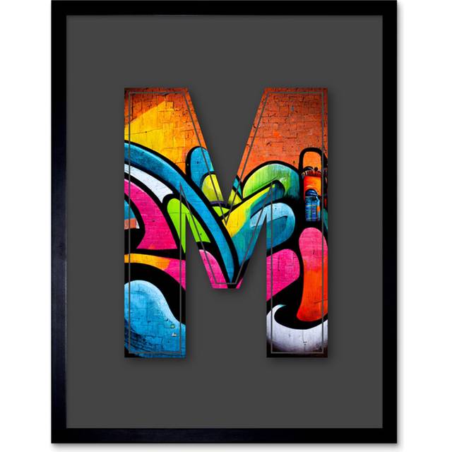 Letter M Tagging Orange Blue Pink Decorative Graffiti Mural Alphabet Initial Stencil Artwork Framed Wall Art Print 9X7 Inch (25.9cm H X 20.6cm W)