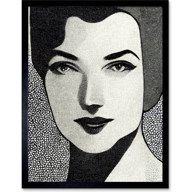 Wall Art Print Monochrome Art Deco Black and White Woman Portrait Charcoal Art Framed - W12 inch x H16 inch