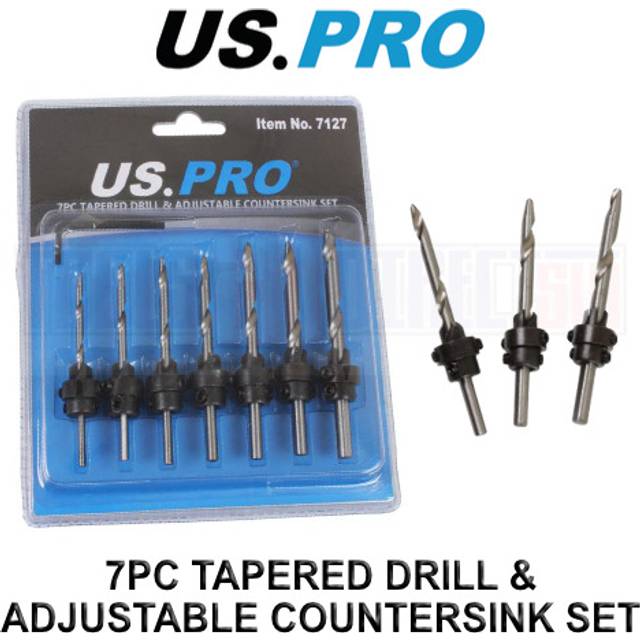 US PRO Tools 7pc Tapered Drill & Adjustable Countersink HSS-G Set 7127