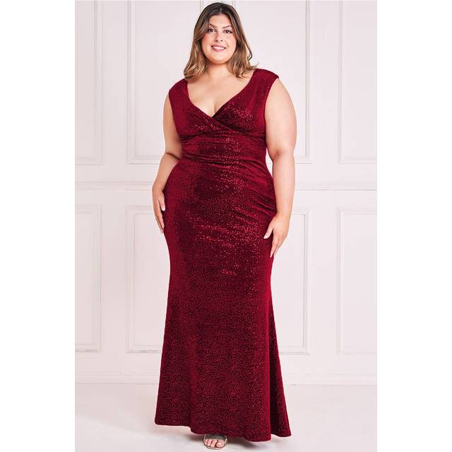 Goddiva Plus Sequin & Velvet Bardot Maxi Dress - Wine - 26