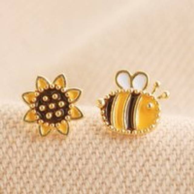 Mismatched Enamel Bee and Sunflower Stud Earrings in Gold - gold/yellow/black - one size