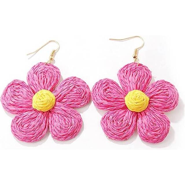 Rattan Flower Drop Earrings Boho Statement Colorful Handmade Raffia Straw Wrapped Dangle Earrings for Women - Pink