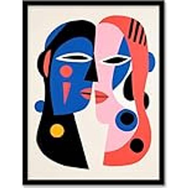 Wall Art Print Just the Two of Us Couple in Love Abstract Cubist Blue Pink Oil Painting Art Framed - Multi - W12 inch x H16 inch