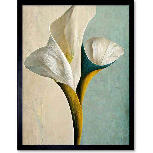 Wall Art Print Cala Lily Lilies Flower Abstract Minimalist Painting Duck Egg Cream Mustard Art Framed - Black - W12 inch x H16 inch