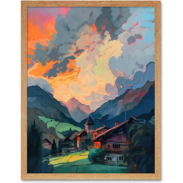 Wall Art Print Small Village in the Alps Atmospheric Clouds Over Cabins at Dawn Modern Watercolour Painting Art Framed - Tan - W12 inch x H16 inch
