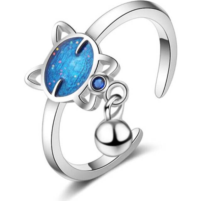 3PCS Copper Woman Fashion Jewelry Blue Kitten Bell Ring Size Adjustable Ring