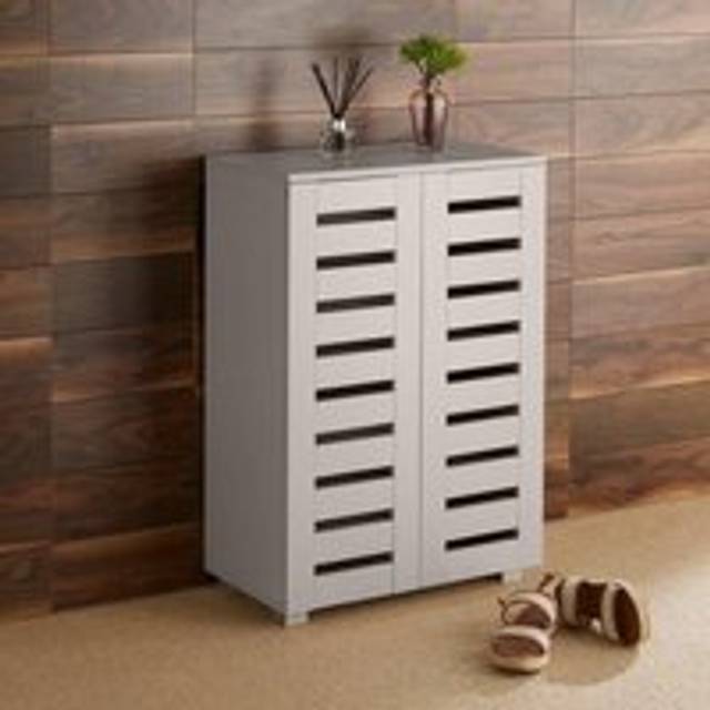 (Grey) Home Source Oslo 2 Door Slatted Shoe Cabinet Storage Unit