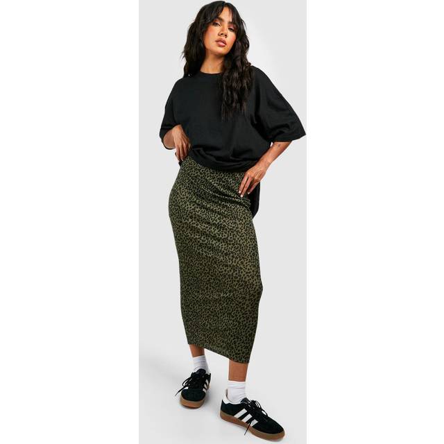 Womens Leopard Ribbed Midi Skirt - Green - 10, Green