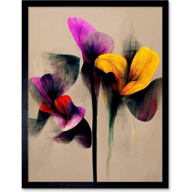 Wall Art Print Yellow Lilac Orange Purple Abstract Iris Floral Flowers Painting Art Framed - Black - W12 inch x H16 inch