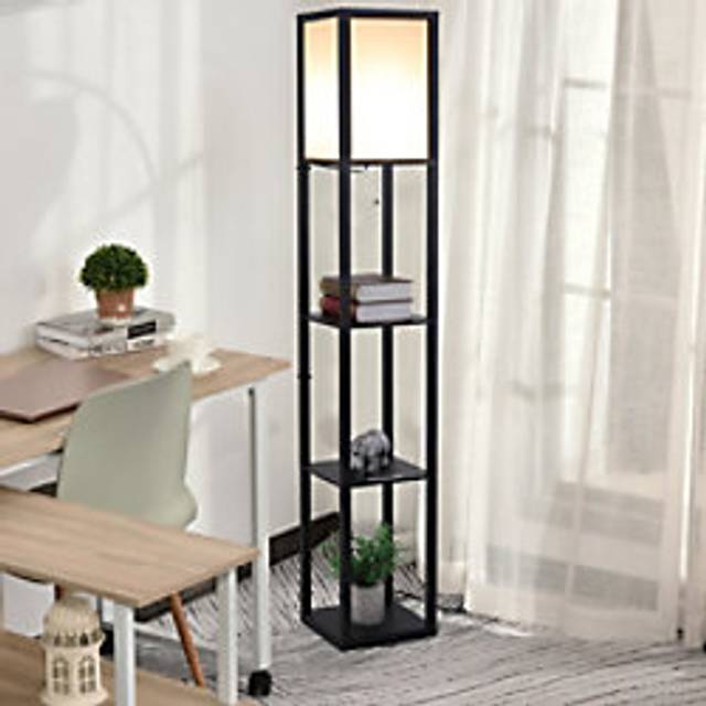 HOMCOM Floor Lamp with Shelves, Modern Floor Standing Lamp with Storage Shelf for Living Room, Reading Standing Lamp, Black Aosom UK