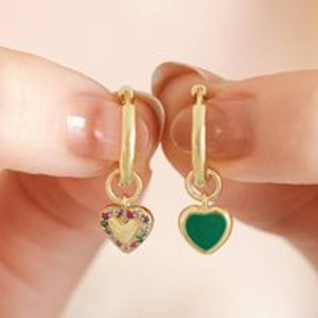 Mismatched Crystal Enamel Heart Huggie Hoops in Gold - gold/green/pink - one size