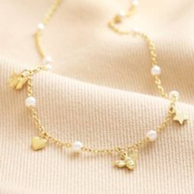 Bee, Pearl, Butterfly and Heart Charm Necklace in Gold - gold/white - one size