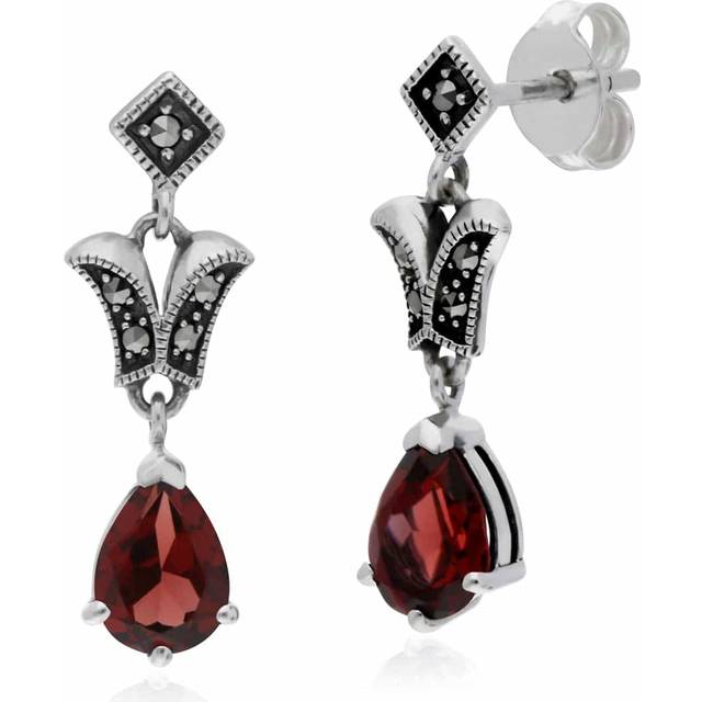 Art Nouveau Style Pear Garnet & Marcasite Drop Earrings in 925 Sterling Silver