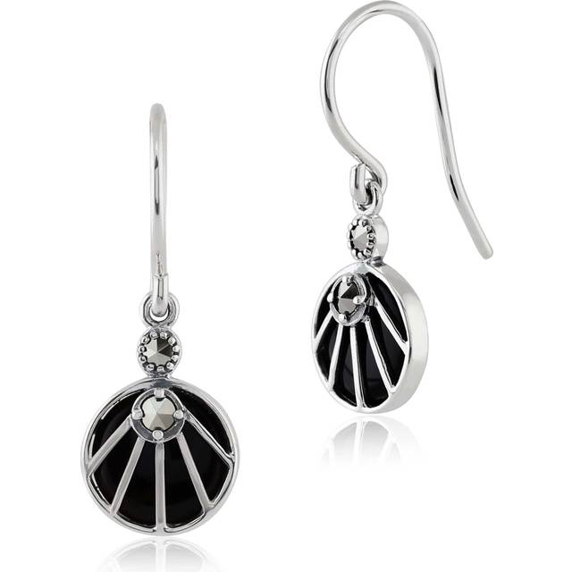Art Deco Style Black Onyx Cabochon & Marcasite Drop Earrings in 925 Sterling Silver