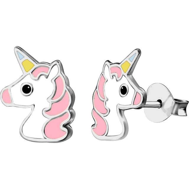 Jewelco London Sterling Silver Enamel Cute Cartoon Unicorn Stud Earrings 9mm - AES127