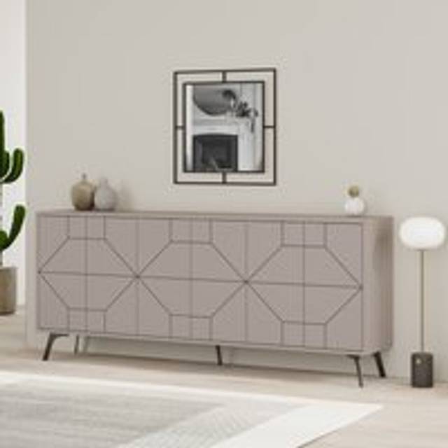 Decortie Sideboard Large 181X77.4Cm 6 Door Storage Cabinet Particleboard Mocha Grey, Grey