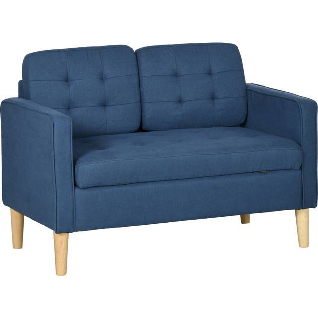 HOMCOM Modern 2 Seater Sofa with Hidden Storage, 117cm Tufted Cotton Couch, Compact Loveseat Sofa with Wood Legs, Blue