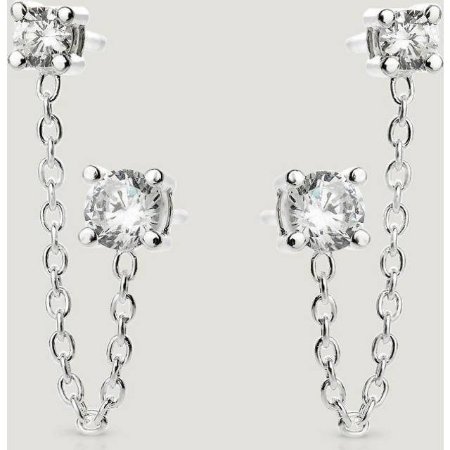 John Greed CANDY Bar Silver CZ & Chain Double Stud Earrings For Women - silver