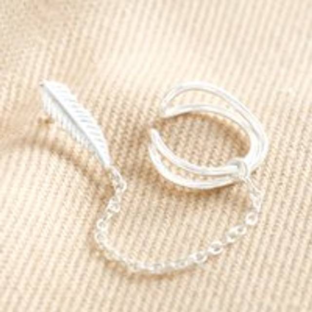 Sterling Silver Feather Stud Cuff and Chain Earring - silver - one size
