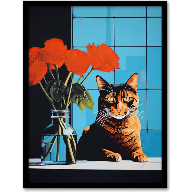 Wall Art Print Don't Swipe Right Tabby Cat Red Roses Living Room Framed - Blue - W12 inch x H16 inch