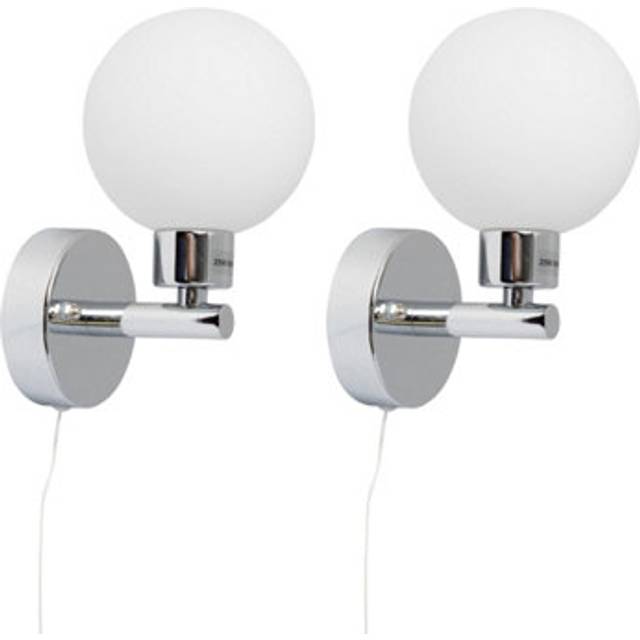 Pair of modern chrome ip44 bathroom globe pull cord switch wall lights zone 2 3