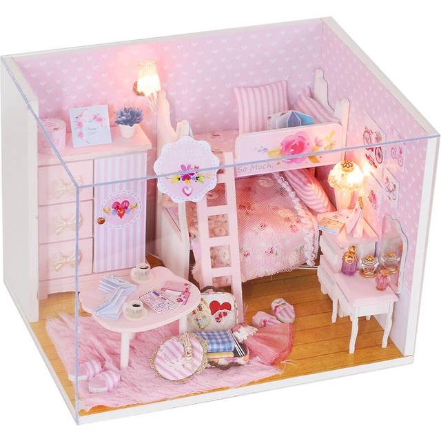 Pink Dream Wooden DIY Dollhouse Bedroom 3D Mini Music Doll House for Girls With Dust Cover LED Lights Lovely Living Room