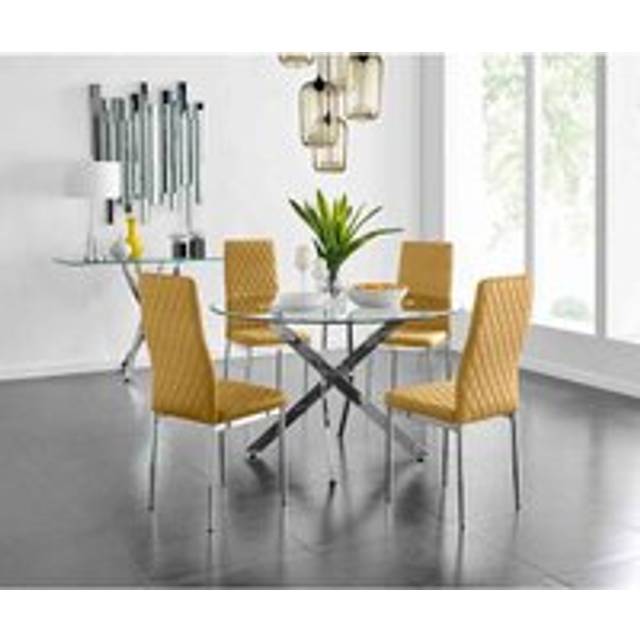 Tierra Modern Chrome Metal & Glass Round Dining Table Set with 4 Quilted Velvet Chairs - Silver (75 x 120 x 120cm)