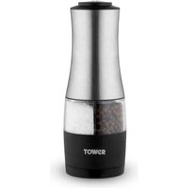 Tower T832248 Dual Electric Salt & Pepper Mill, Battery Operated with Adjustable Ceramic Grinders, Stainless Steel, Black (18.1cm H X 6.8cm W X 6.8cm D)
