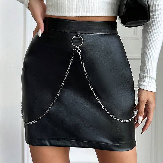 SHEIN Women&#39;s Pu Leather Skirt With Chain Detail