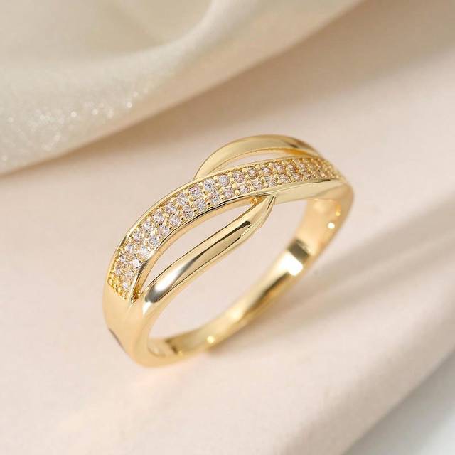 1 st. Dubbel Rad Kubik Zirkonium Inlagd Guldpläterad Ring För Kvinnors Dagligt slitage - Gult guld (7,5,9,11,6,8,10)