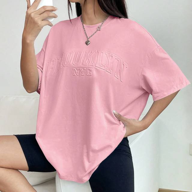 Comfortcana Drop Shoulder Short Sleeve T-shirt With Letter Embossed Print