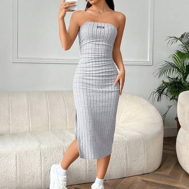 SHEIN Women&#39;s Patched Detail Ribbed Knit Side Slit Bandeau Dress