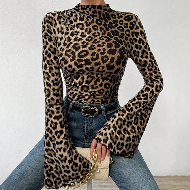 Kvinnors leopardtryck T-shirt med utskjutande ärmar Grafisk gepardtryck T-shirts Damöverdelar - Multifärgad (L,M,S,XL,XS,XXL)