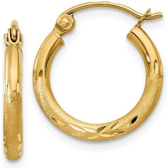 2 x 15 mm 14K Yellow Gold Satin & Diamond-Cut Round Tube Hoop Earrings, Pair