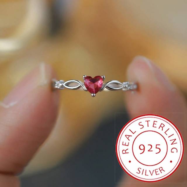 SHEIN S925 Sterling Silver Hollow Heart & Ruby Geometric Jewelry Ring, Gift Box Style Random