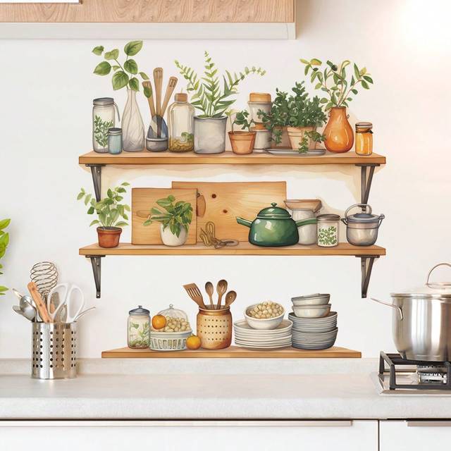 SHEIN 1set(2pcs) Creative Kitchen Decoration Imitation Shelf Wall Sticker,Stickers,Wall Decal,Vinly Decal For Home Decorations,Spring Decoration Items Refes