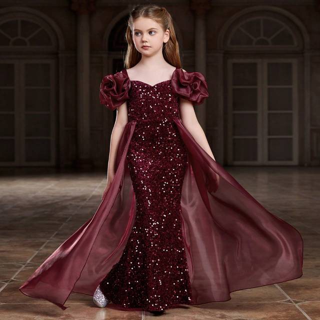 SHEIN Tween Girl Sparkling Bubble Sleeve Mermaid Tail Dress With Mesh Panel & Sequins â Elegant Formal Gown For Evening Party, Pageant, Holiday Celebratio