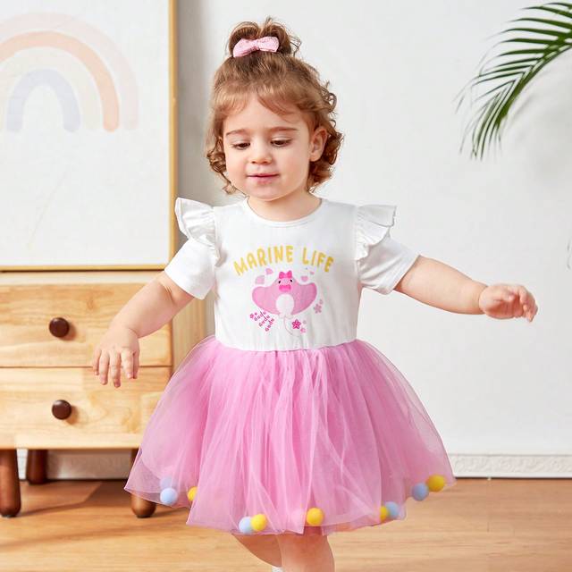 Bebis Tjejer Enkel Söt Mönster Lapptäcke Nät Garn Boll Kort Ärm Klänningar - Vitt (6-9M,9-12M,12-18M,18-24M,2-3Y)
