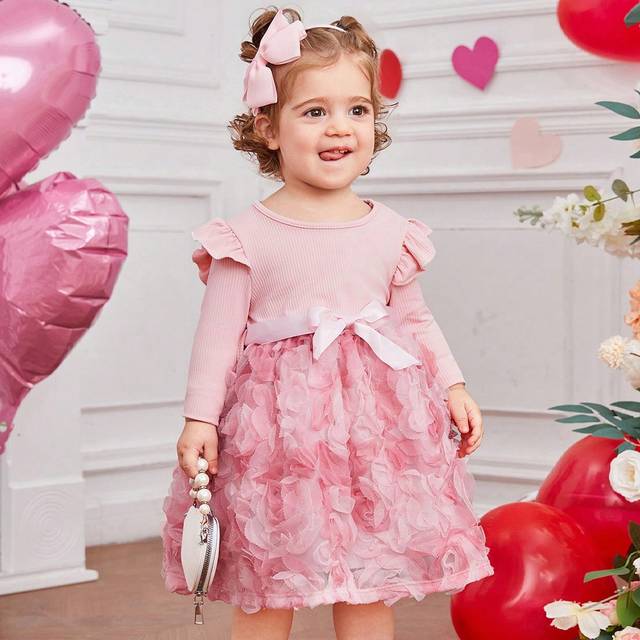 SHEIN Elegant Knit Patchwork 3d Flower Mesh Long Sleeve Belted Dress For Baby Girls