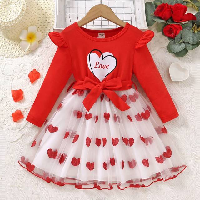 SHEIN Young Girl Heart Print Long Sleeve Gathered Waist Mesh Overlay Dress With Belt, Spring & Autumn