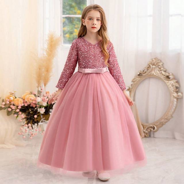 SHEIN Tween Girl Long Sleeve Sequined Easter Party Dress, Elegant Princess Style, Suitable As Birthday/Event Gift, Party, Wedding, Flower Girl