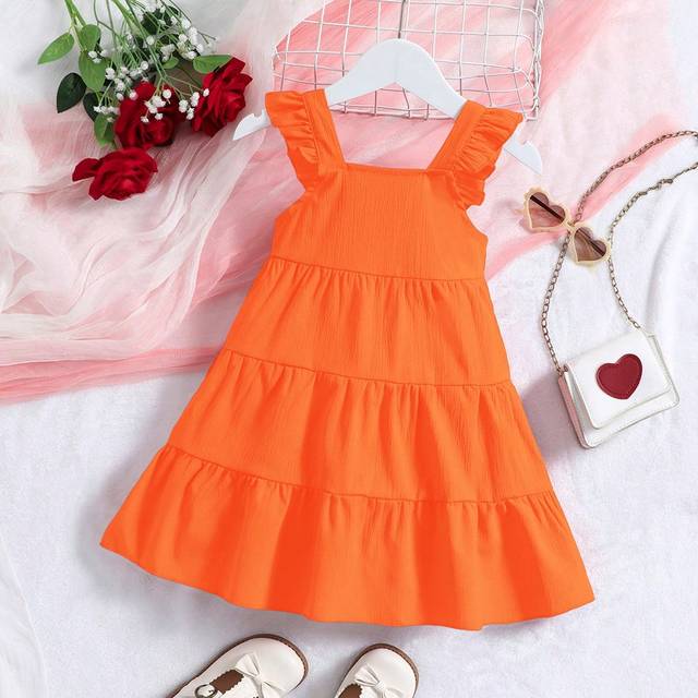 SHEIN Young Girl Orange Casual Holiday Chiffon Cake Square Neck Dress