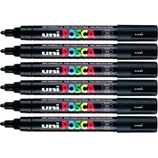 Uni Posca PC-5M Black Colour Paint Marker Pens 2.5mm Medium Bullet Tip Nib Writes On Any Surface Glass Metal Wood Plastic Fabric (Pack Of 6)