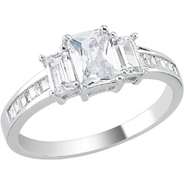 (L) Jewelco London Ladies Rhodium Sterling Silver Baguette & Emerald-cut CZ Channel-Set Shoulders Trilogy Engagement Ring - ARN138