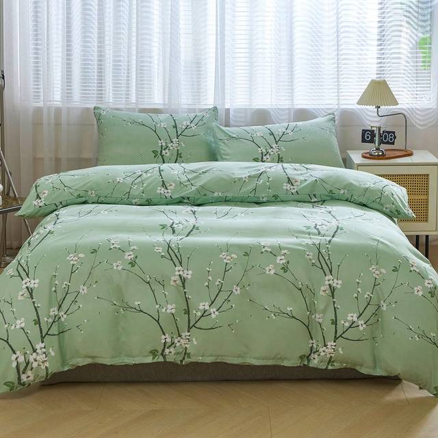 SHEIN 3pcs/set Polyester Green Plum Blossom Branch Pattern Printed Duvet Cover Bedding Set