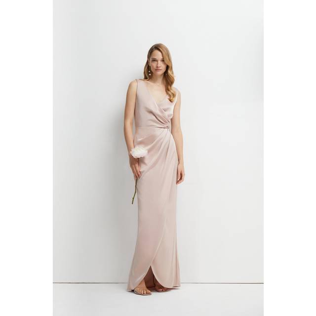 Ruched Waist Detail Satin Bridesmaid Dress - Mocha - 12